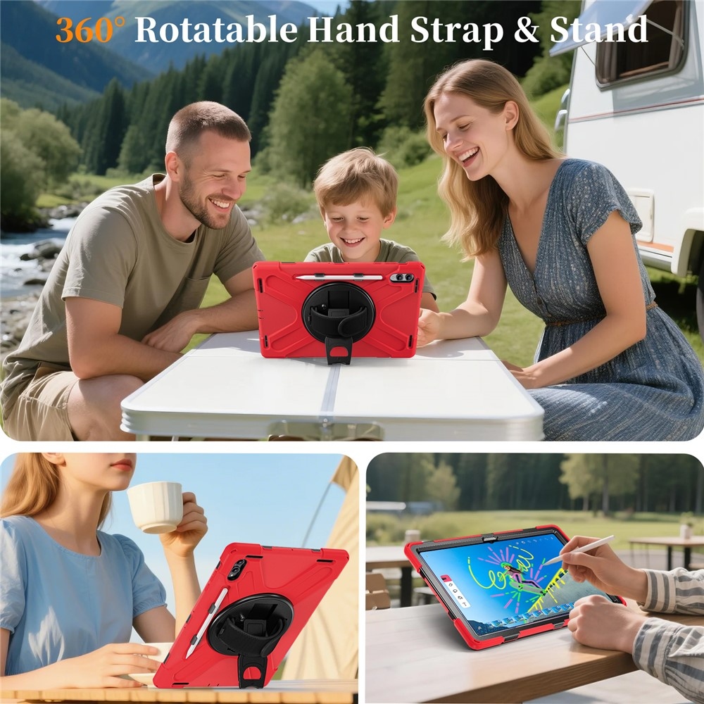 Strap odolný kryt s držiakom na ruku a ramenným popruhom na Samsung Galaxy Tab S11 Ultra - červený
