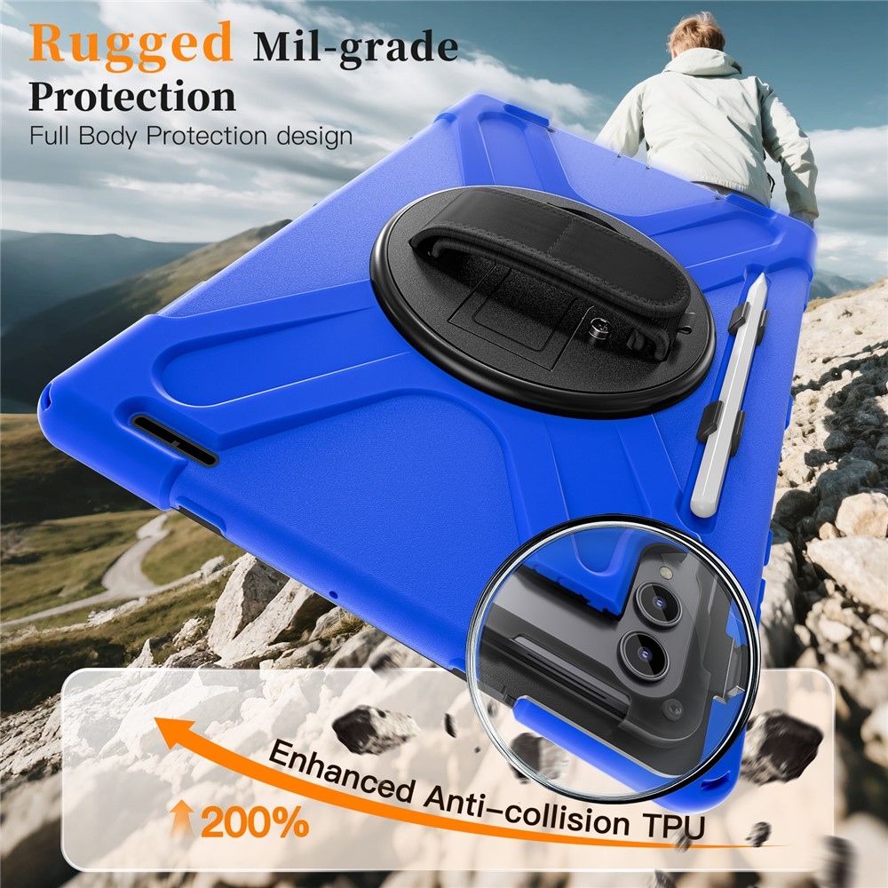 Strap odolný kryt s držiakom na ruku a ramenným popruhom na Samsung Galaxy Tab S11 Ultra - modrý