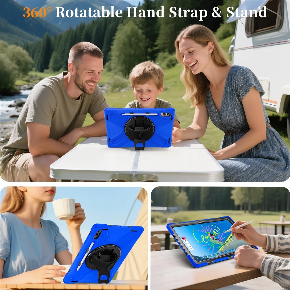 Strap odolný kryt s držiakom na ruku a ramenným popruhom na Samsung Galaxy Tab S11 Ultra - modrý