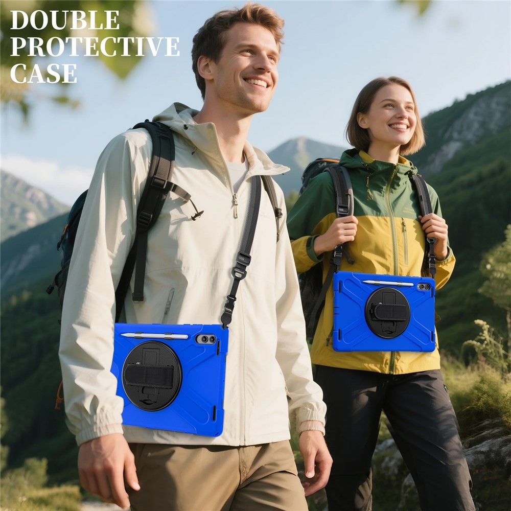 Strap odolný kryt s držiakom na ruku a ramenným popruhom na Samsung Galaxy Tab S11 Ultra - modrý