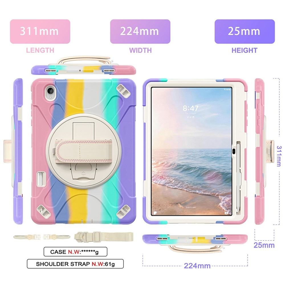 Strap odolný kryt s držiakom na ruku a ramenným popruhom na Samsung Galaxy Tab S12+ - farebné pruhy