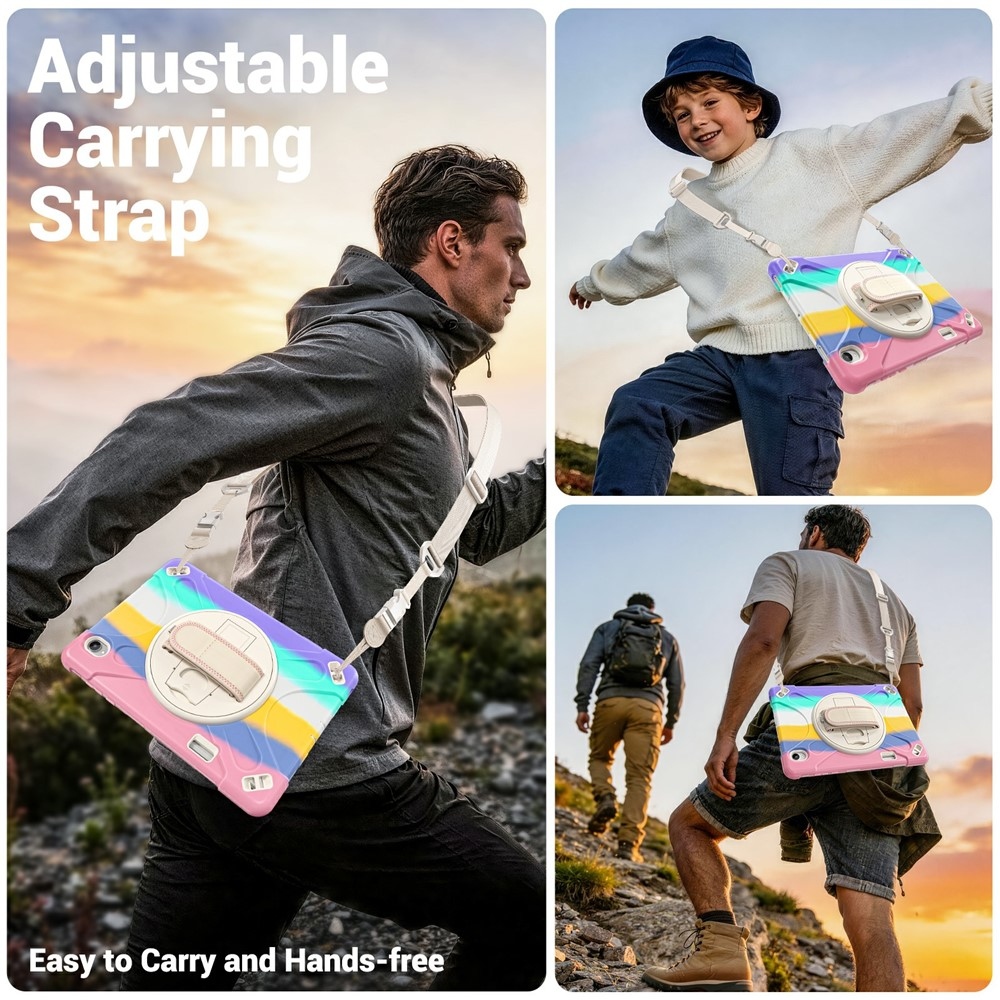 Strap odolný kryt s držiakom na ruku a ramenným popruhom na Samsung Galaxy Tab S12+ - farebné pruhy