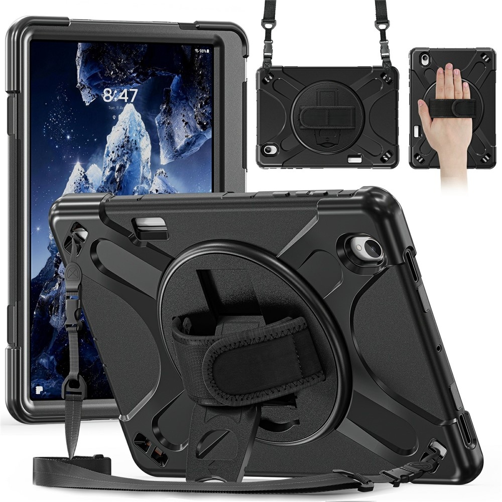 Strap odolný kryt s držiakom na ruku a ramenným popruhom na Samsung Galaxy Tab S12+ - čierny
