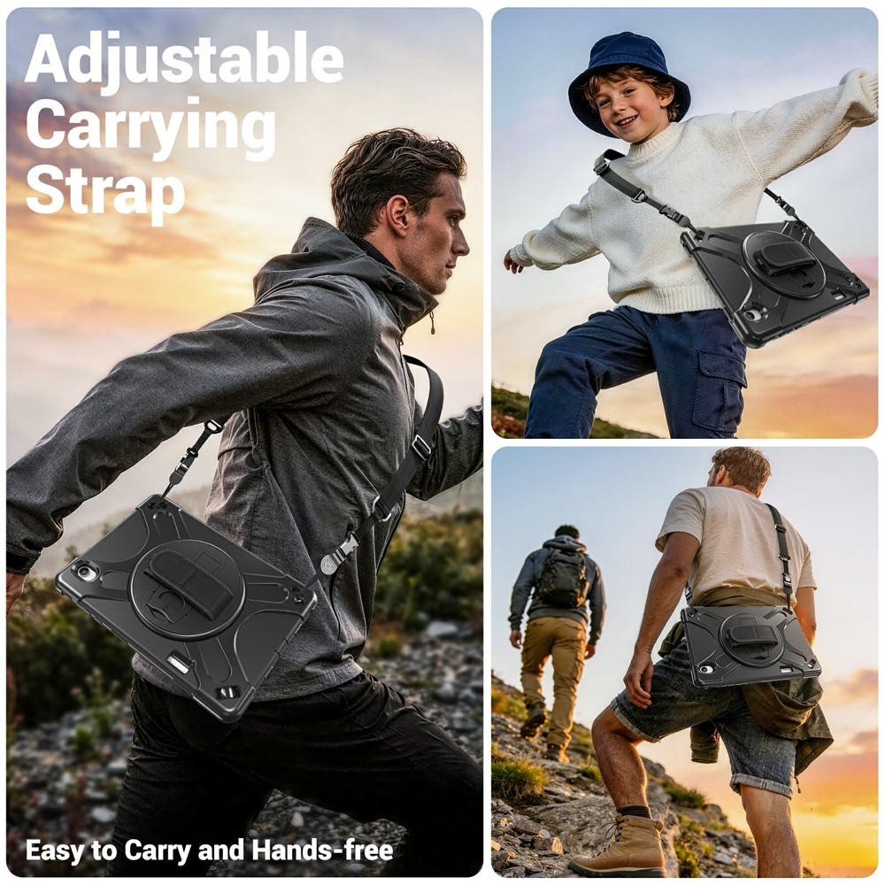Strap odolný kryt s držiakom na ruku a ramenným popruhom na Samsung Galaxy Tab S12+ - čierny