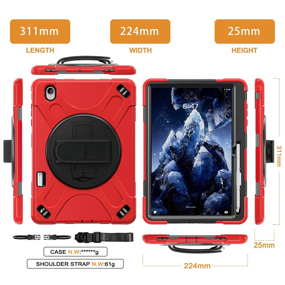 Strap odolný kryt s držiakom na ruku a ramenným popruhom na Samsung Galaxy Tab S12+ - červený