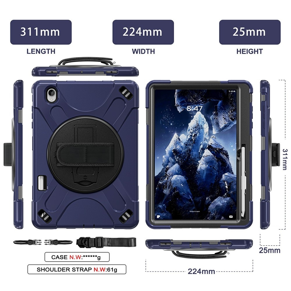 Strap odolný kryt s držiakom na ruku a ramenným popruhom na Samsung Galaxy Tab S12+ - tmavomodrý