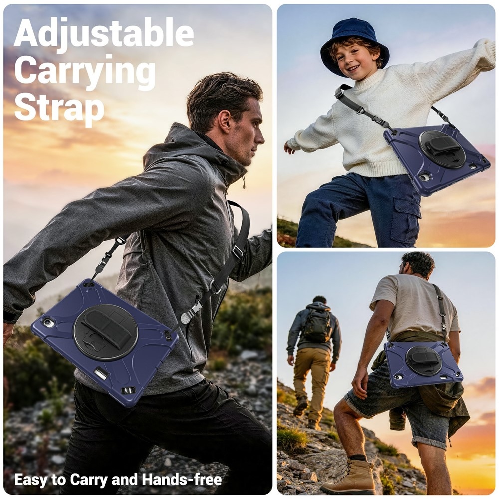 Strap odolný kryt s držiakom na ruku a ramenným popruhom na Samsung Galaxy Tab S12+ - tmavomodrý