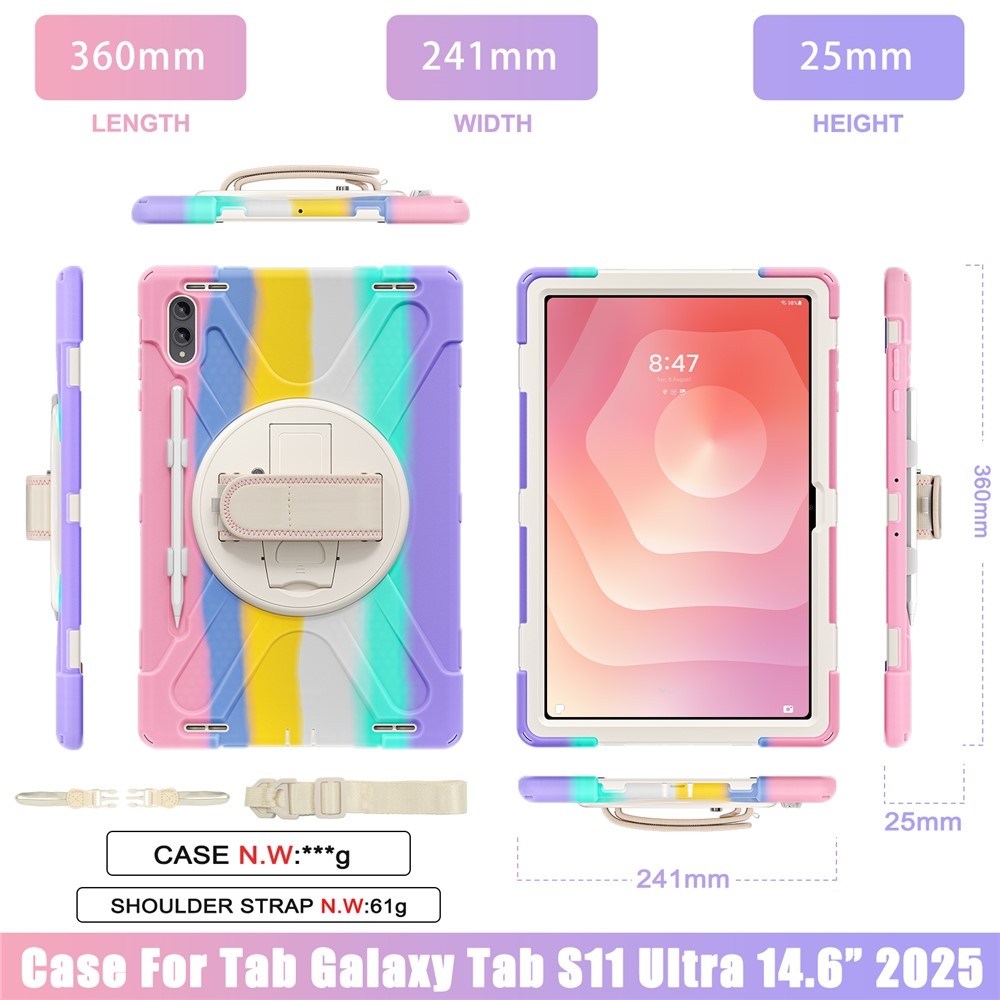 Strap odolný kryt s držiakom na ruku a ramenným popruhom na Samsung Galaxy Tab S12 Ultra/S11 Ultra - farebné pruhy
