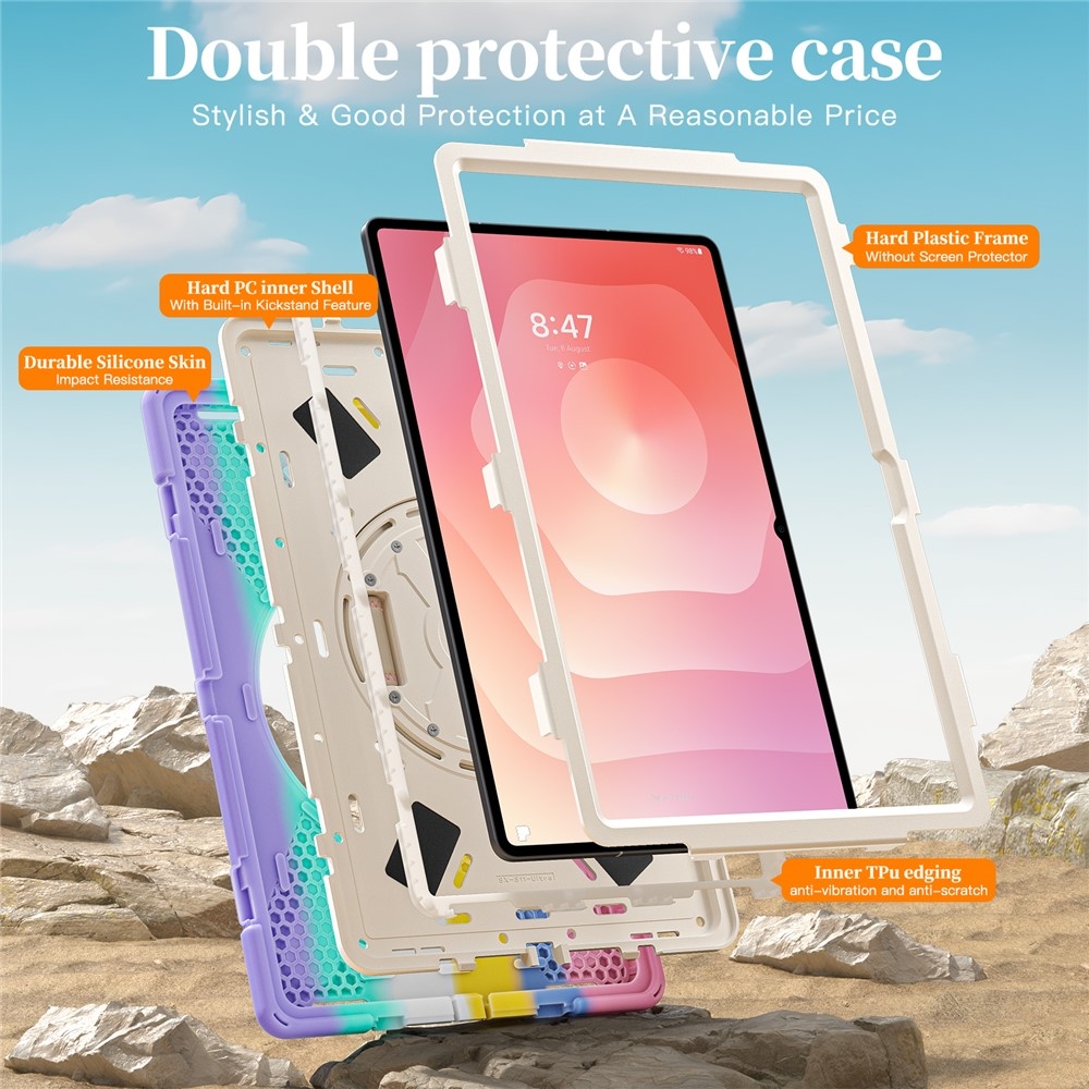 Strap odolný kryt s držiakom na ruku a ramenným popruhom na Samsung Galaxy Tab S12 Ultra/S11 Ultra - farebné pruhy