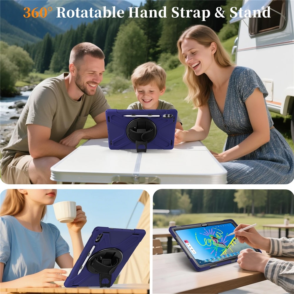 Strap odolný kryt s držiakom na ruku a ramenným popruhom na Samsung Galaxy Tab S12 Ultra/S11 Ultra - modrý
