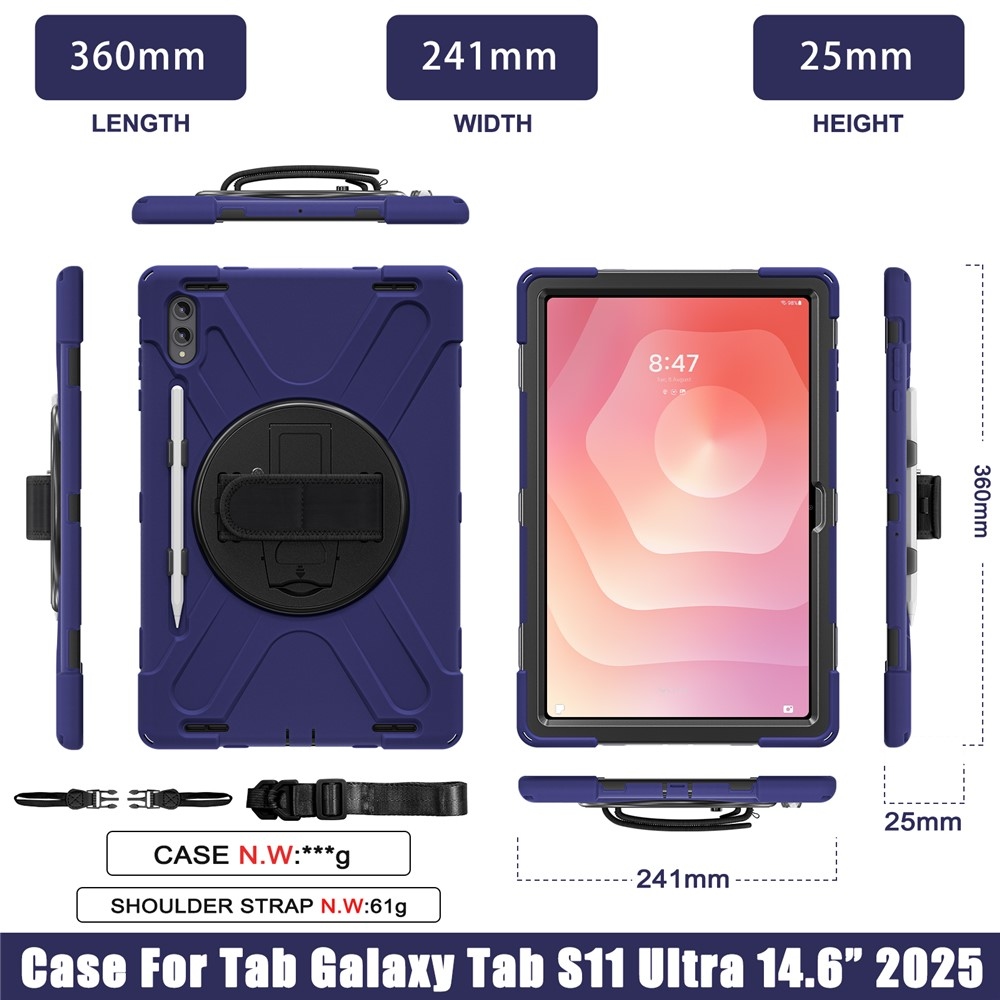 Strap odolný kryt s držiakom na ruku a ramenným popruhom na Samsung Galaxy Tab S12 Ultra/S11 Ultra - modrý