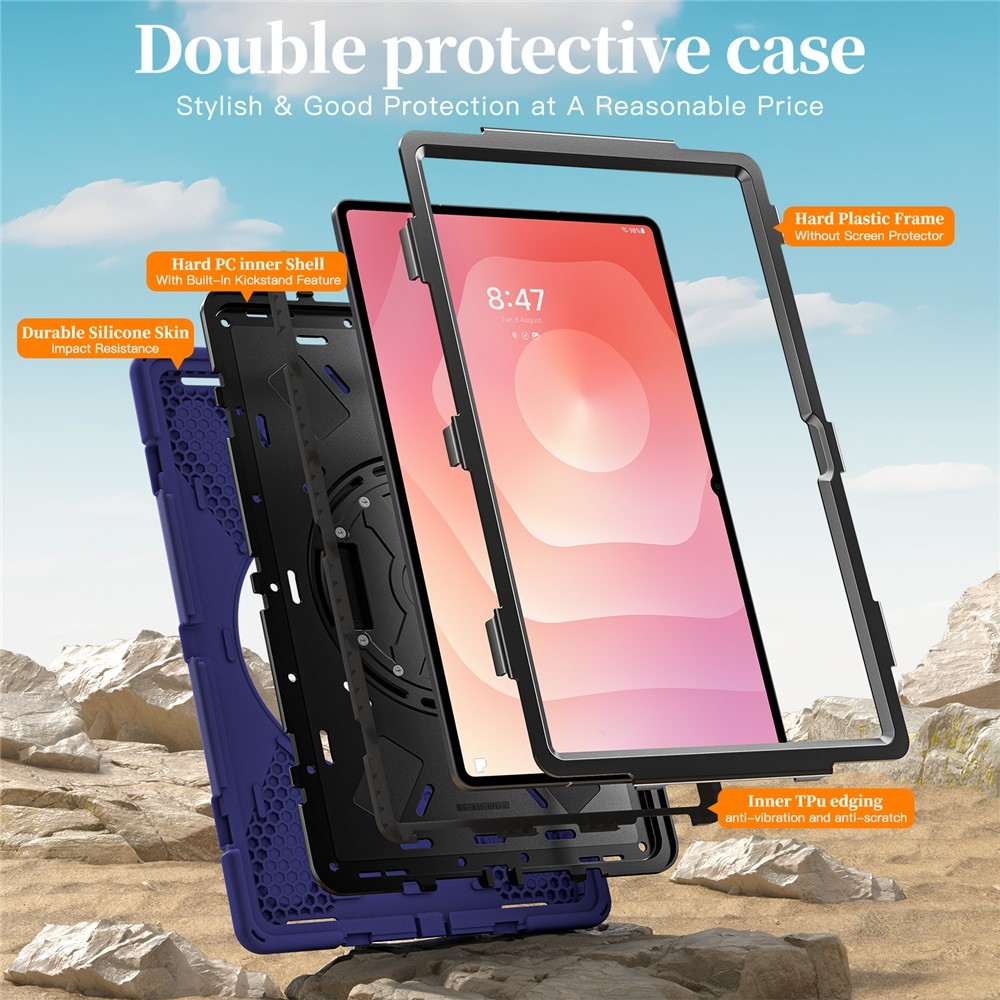 Strap odolný kryt s držiakom na ruku a ramenným popruhom na Samsung Galaxy Tab S12 Ultra/S11 Ultra - modrý