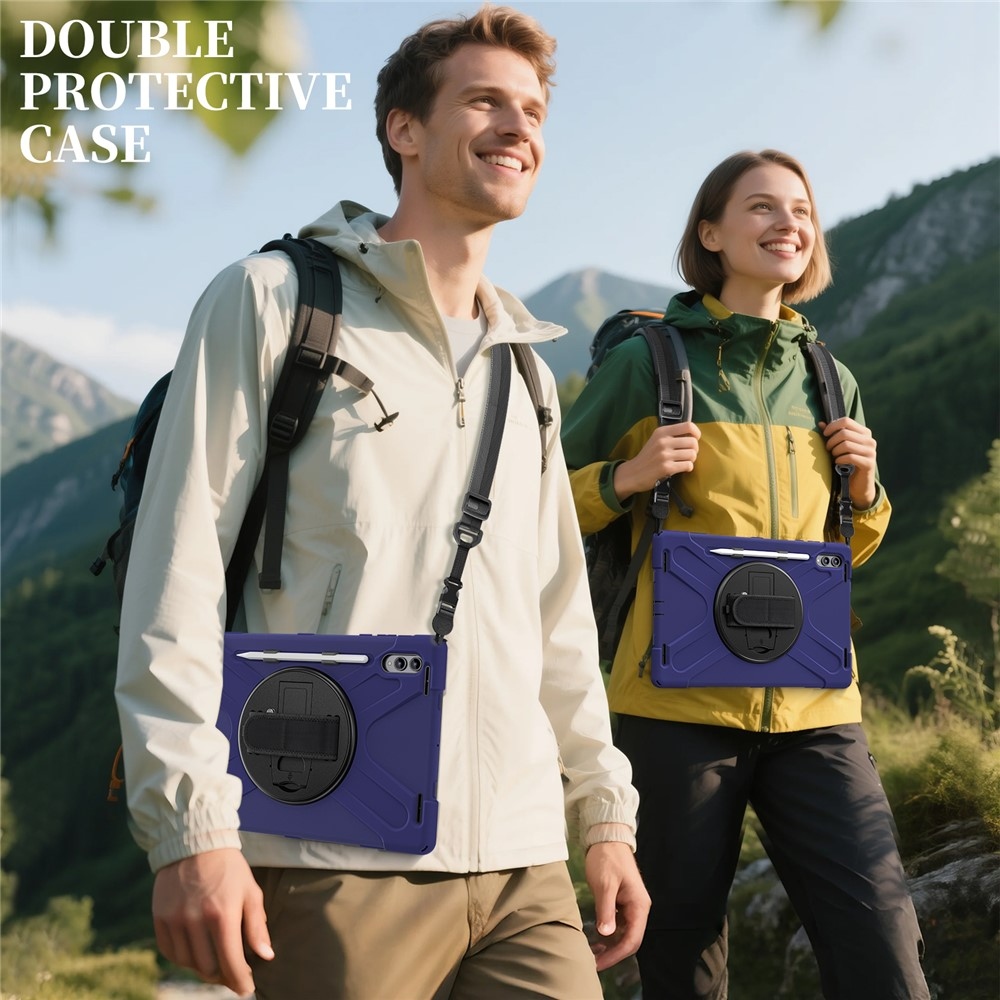Strap odolný kryt s držiakom na ruku a ramenným popruhom na Samsung Galaxy Tab S12 Ultra/S11 Ultra - modrý