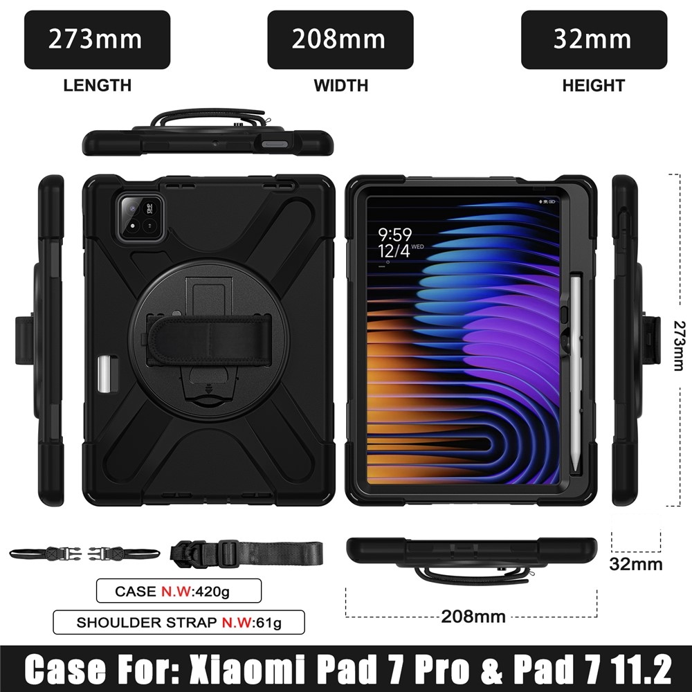 Strap odolný kryt s držiakom na ruku a ramenným popruhom na Xiaomi Pad 8/8 Pro/7/7 Pro - čierny