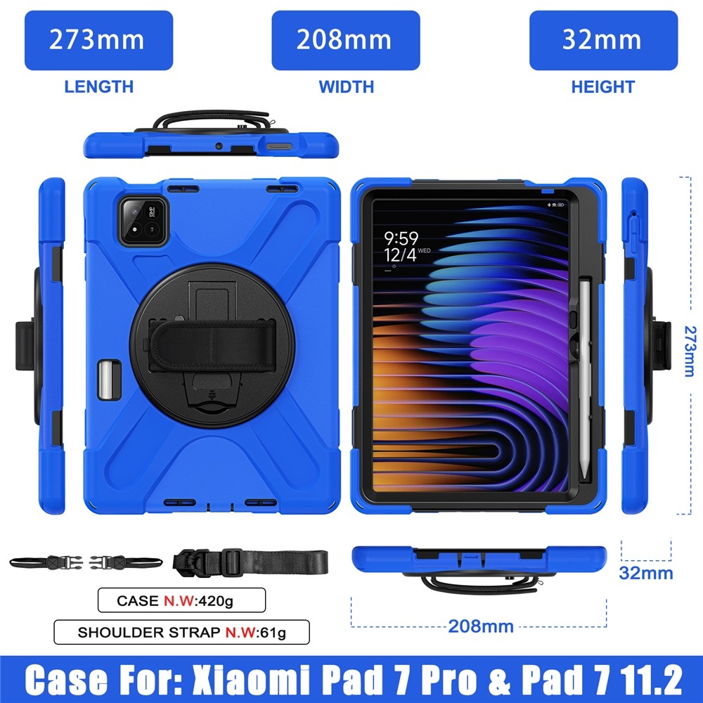 Strap odolný kryt s držiakom na ruku a ramenným popruhom na Xiaomi Pad 8/8 Pro/7/7 Pro - modrý