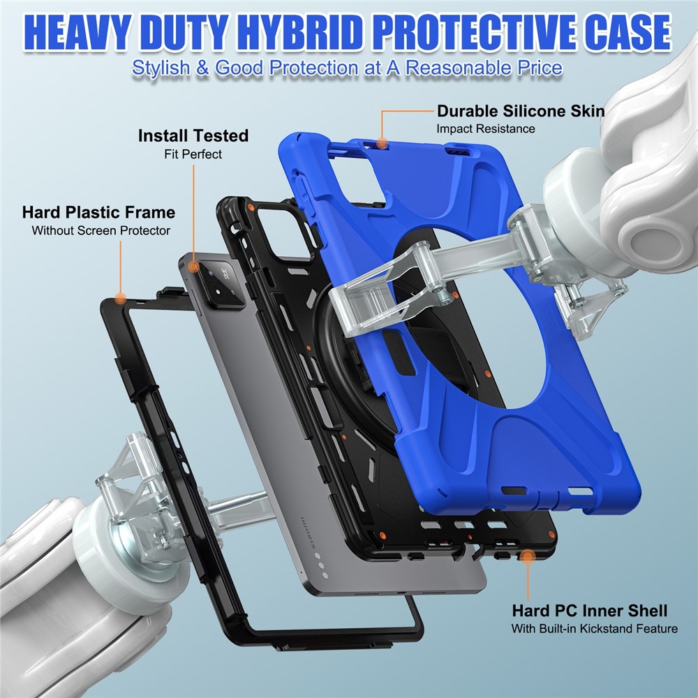 Strap odolný kryt s držiakom na ruku a ramenným popruhom na Xiaomi Pad 8/8 Pro/7/7 Pro - modrý