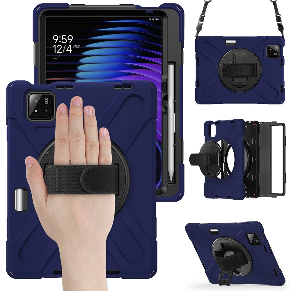Strap odolný kryt s držiakom na ruku a ramenným popruhom na Xiaomi Pad 8/8 Pro/7/7 Pro - tmavomodrý