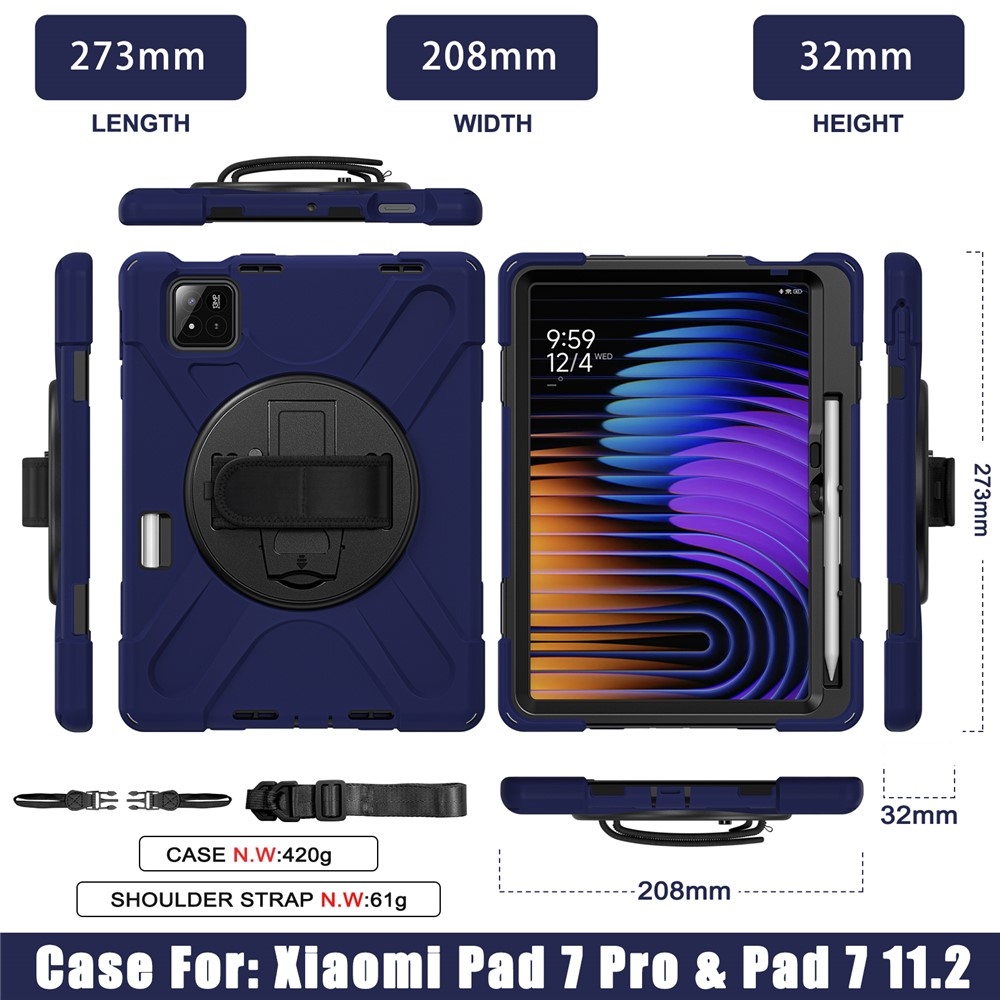 Strap odolný kryt s držiakom na ruku a ramenným popruhom na Xiaomi Pad 8/8 Pro/7/7 Pro - tmavomodrý