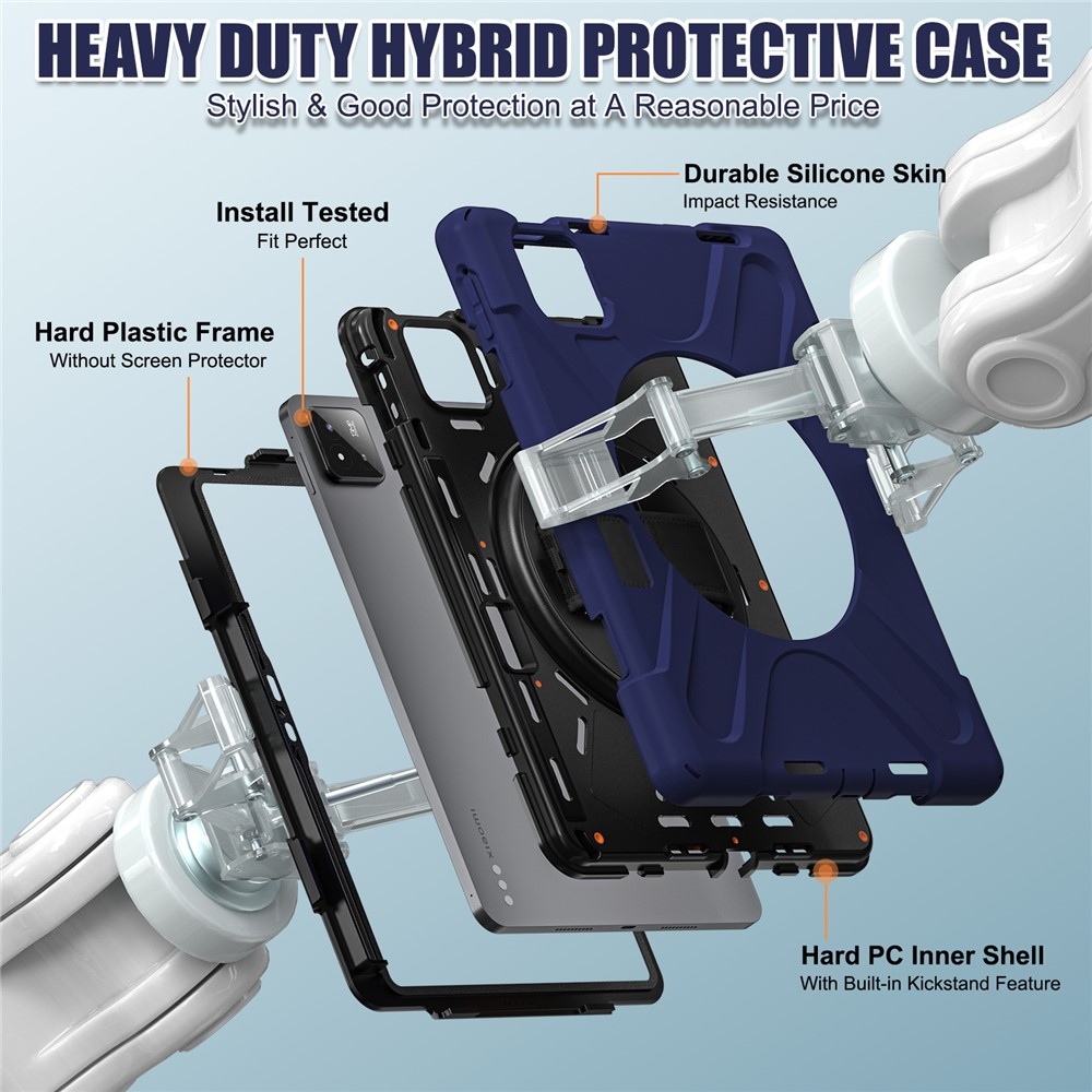 Strap odolný kryt s držiakom na ruku a ramenným popruhom na Xiaomi Pad 8/8 Pro/7/7 Pro - tmavomodrý