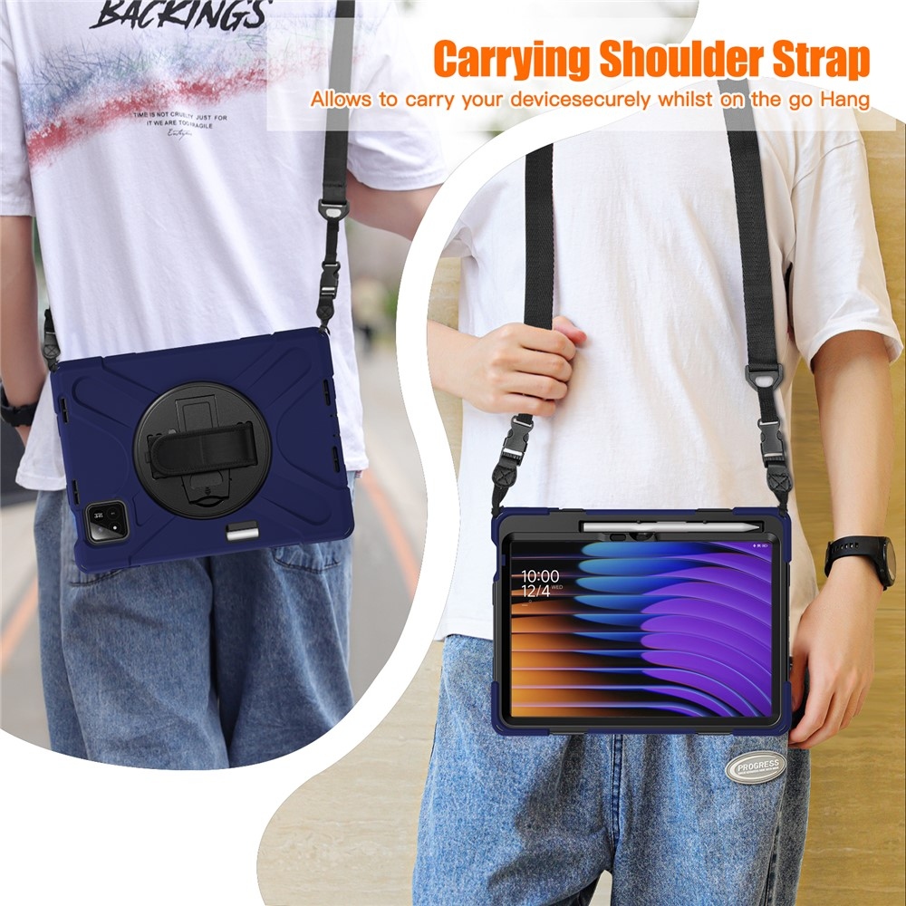 Strap odolný kryt s držiakom na ruku a ramenným popruhom na Xiaomi Pad 8/8 Pro/7/7 Pro - tmavomodrý