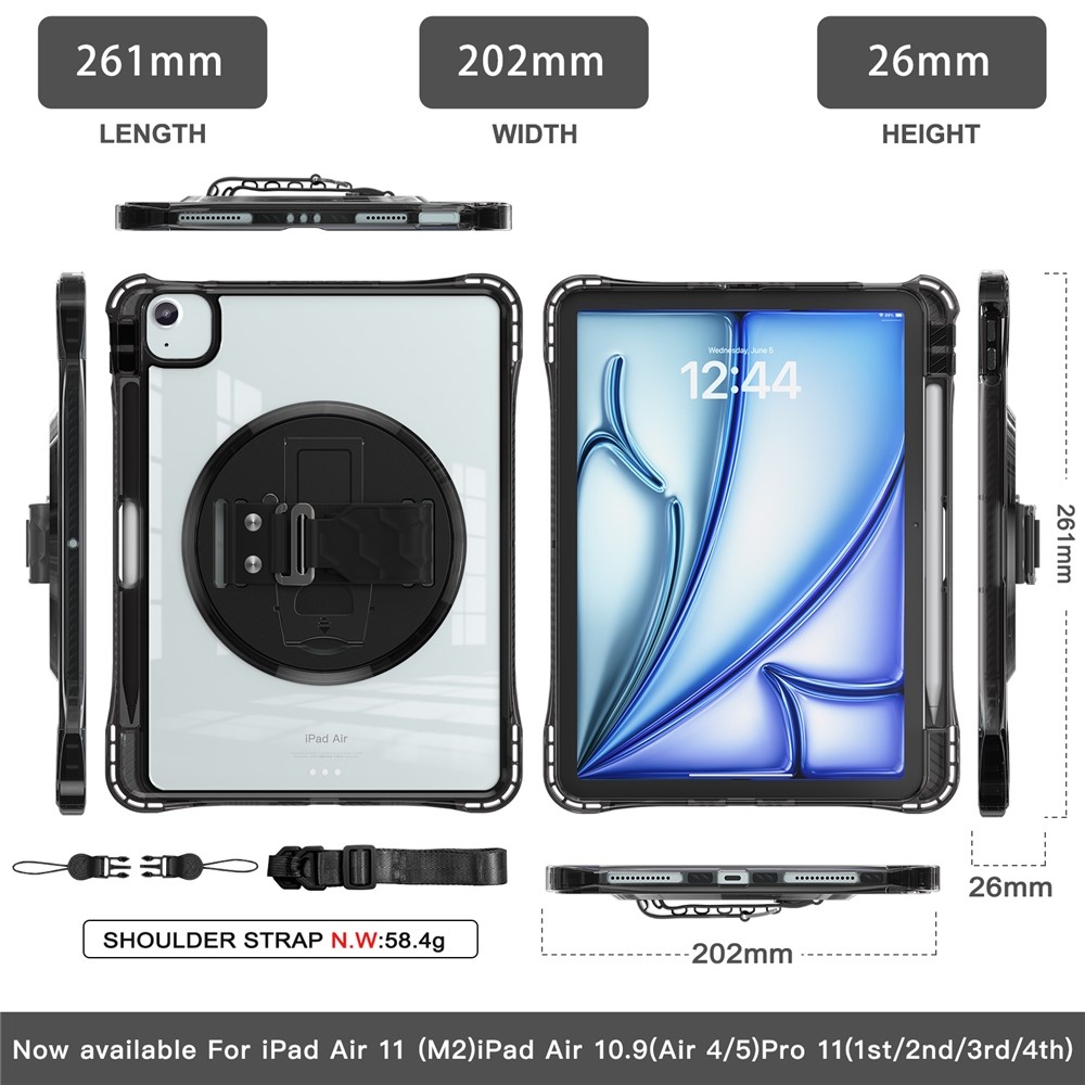 Strap odolný kryt s priehľadným chrbtom a ramenným popruhom na iPad Air 11 (2024/25/26)/Air (2022)/(2020) - čierny
