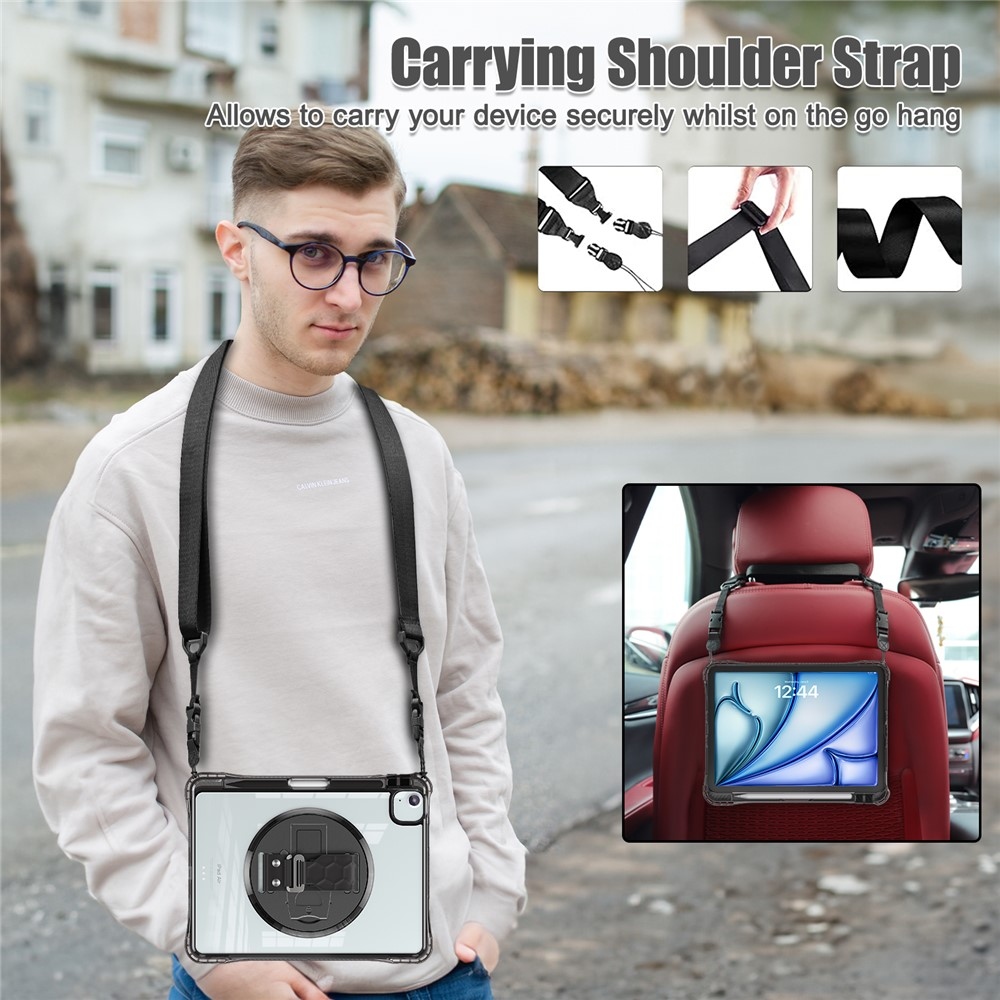 Strap odolný kryt s priehľadným chrbtom a ramenným popruhom na iPad Air 11 (2024/25/26)/Air (2022)/(2020) - čierny