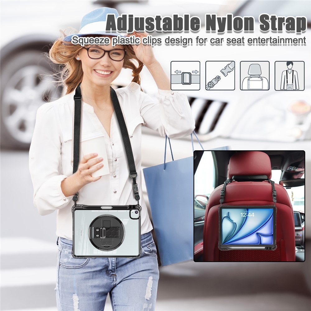 Strap odolný kryt s priehľadným chrbtom a ramenným popruhom na iPad Air 11 (2024/25/26)/Air (2022)/(2020) - čierny