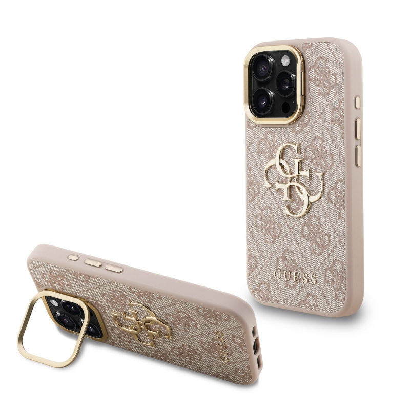 Guess PU 4G Metal Logo Stand Camera Frame Zadný Kryt pre iPhone 16 Pro Pink