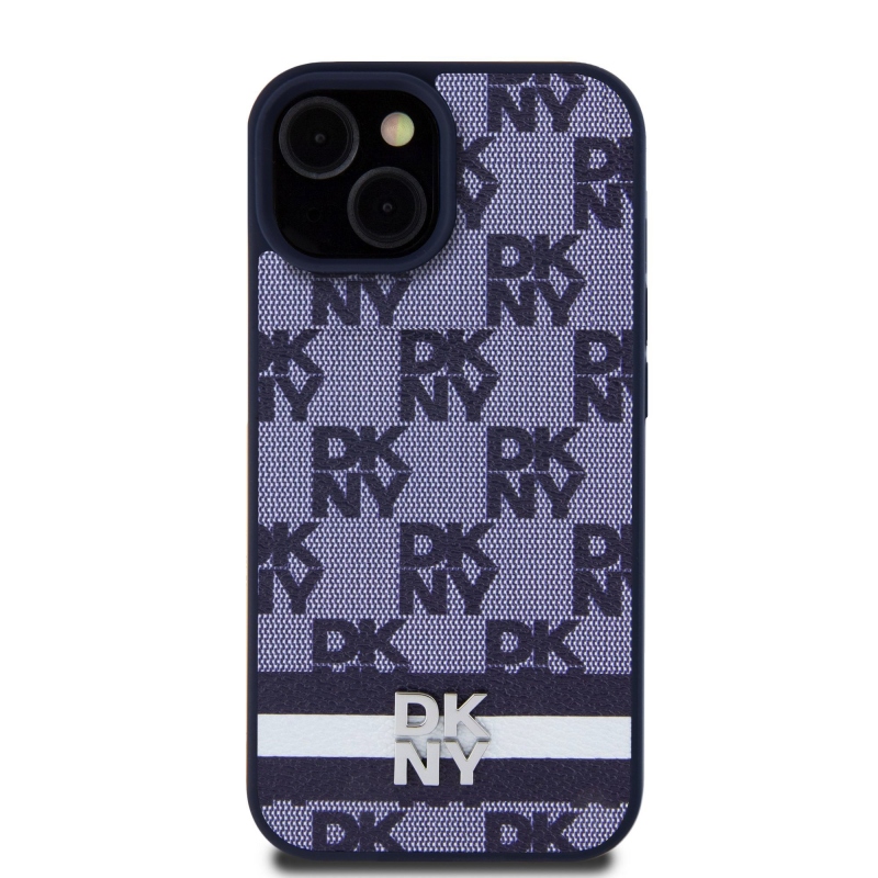 DKNY PU Leather Checkered Pattern and Stripe Zadný Kryt pre iPhone 15 Blue