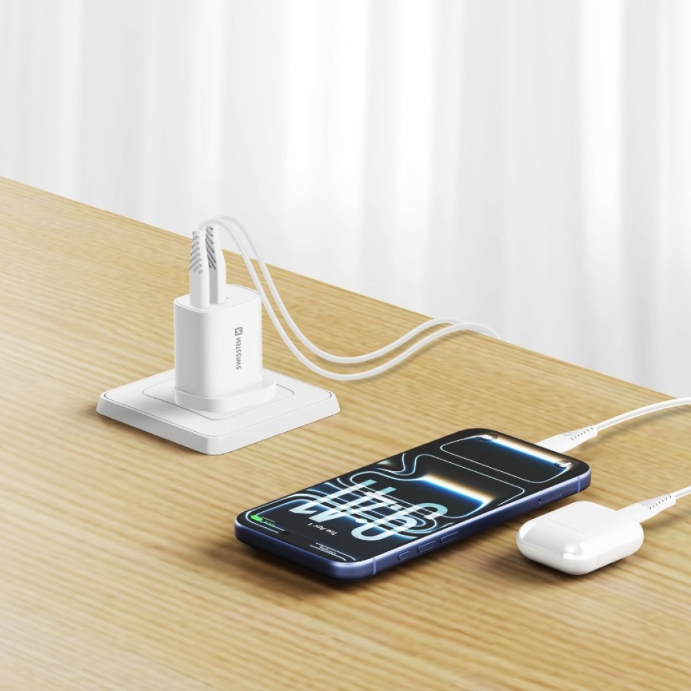 Swissten cestovný adaptér EDGE GaN 1× USB-C PD 20 W + 1× USB-A 18 W QC, pre UK zásuvku - biely