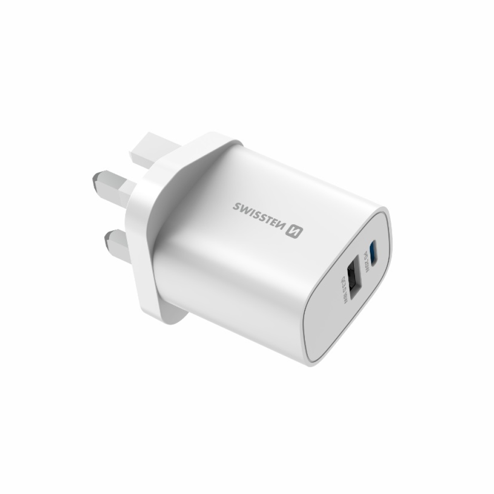 Swissten cestovný adaptér EDGE GaN 1× USB-C PD 20 W + 1× USB-A 18 W QC, pre UK zásuvku - biely