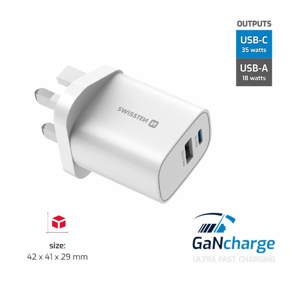 Swissten cestovný adaptér EDGE GaN 1× USB-C PD 35 W + 1× USB-A 18 W QC, pre UK zásuvku - biely