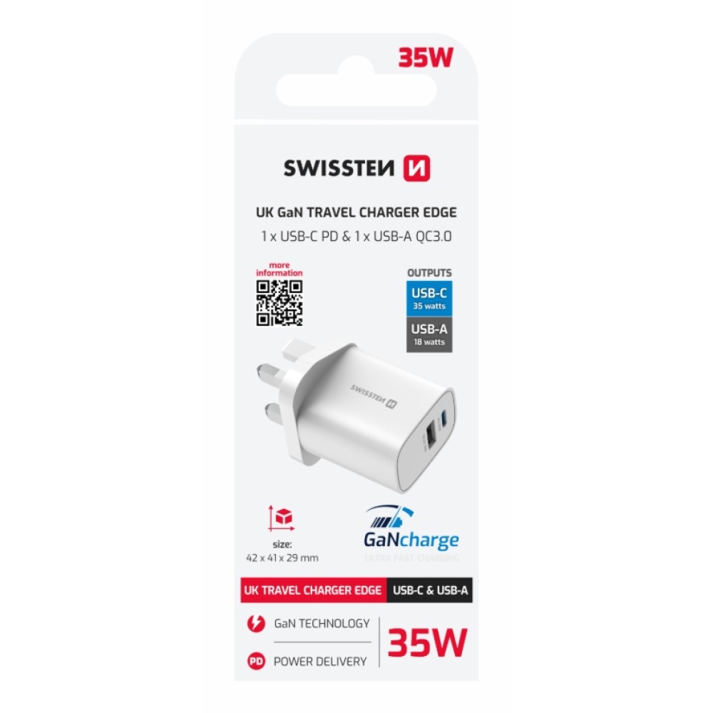 Swissten cestovný adaptér EDGE GaN 1× USB-C PD 35 W + 1× USB-A 18 W QC, pre UK zásuvku - biely