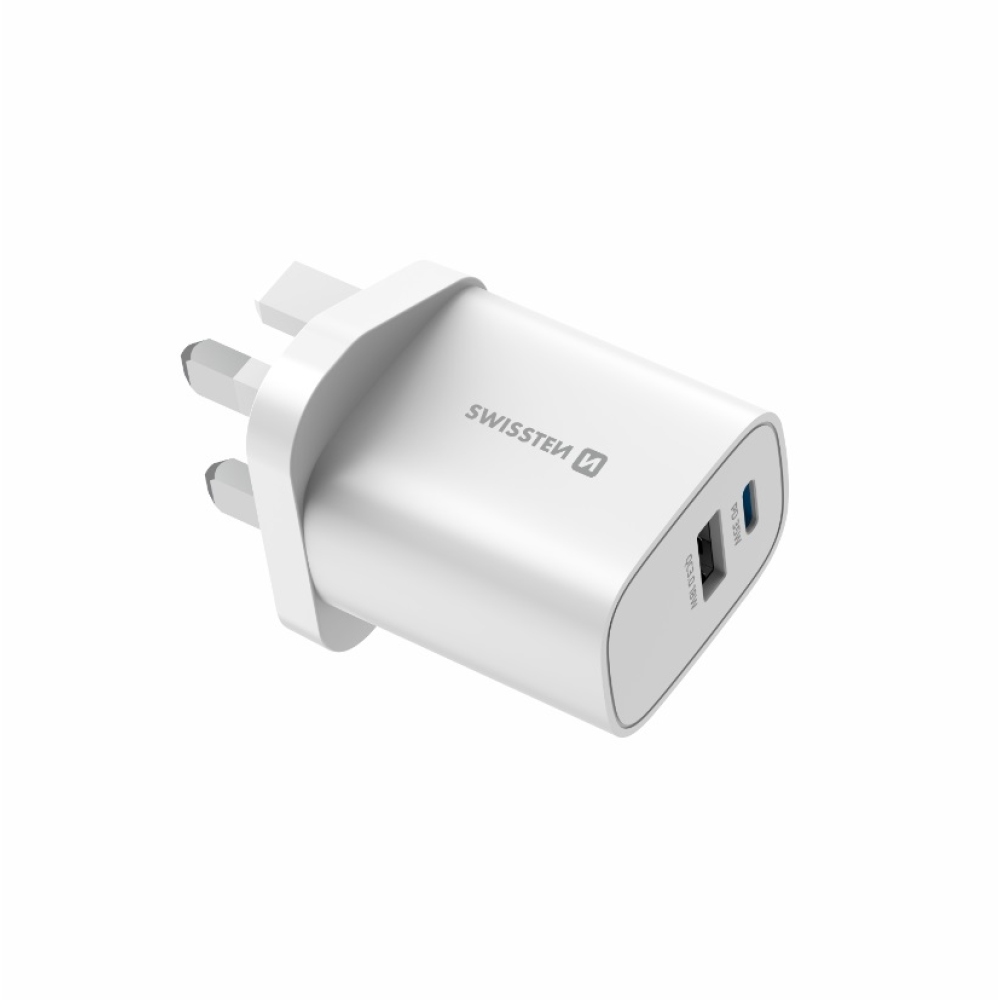 Swissten cestovný adaptér EDGE GaN 1× USB-C PD 35 W + 1× USB-A 18 W QC, pre UK zásuvku - biely