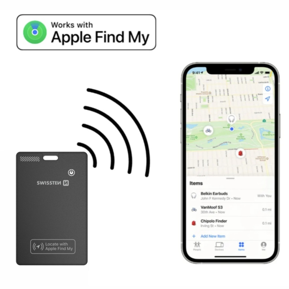 Swissten šikovný lokátor s funkciou Apple Find My - čierny
