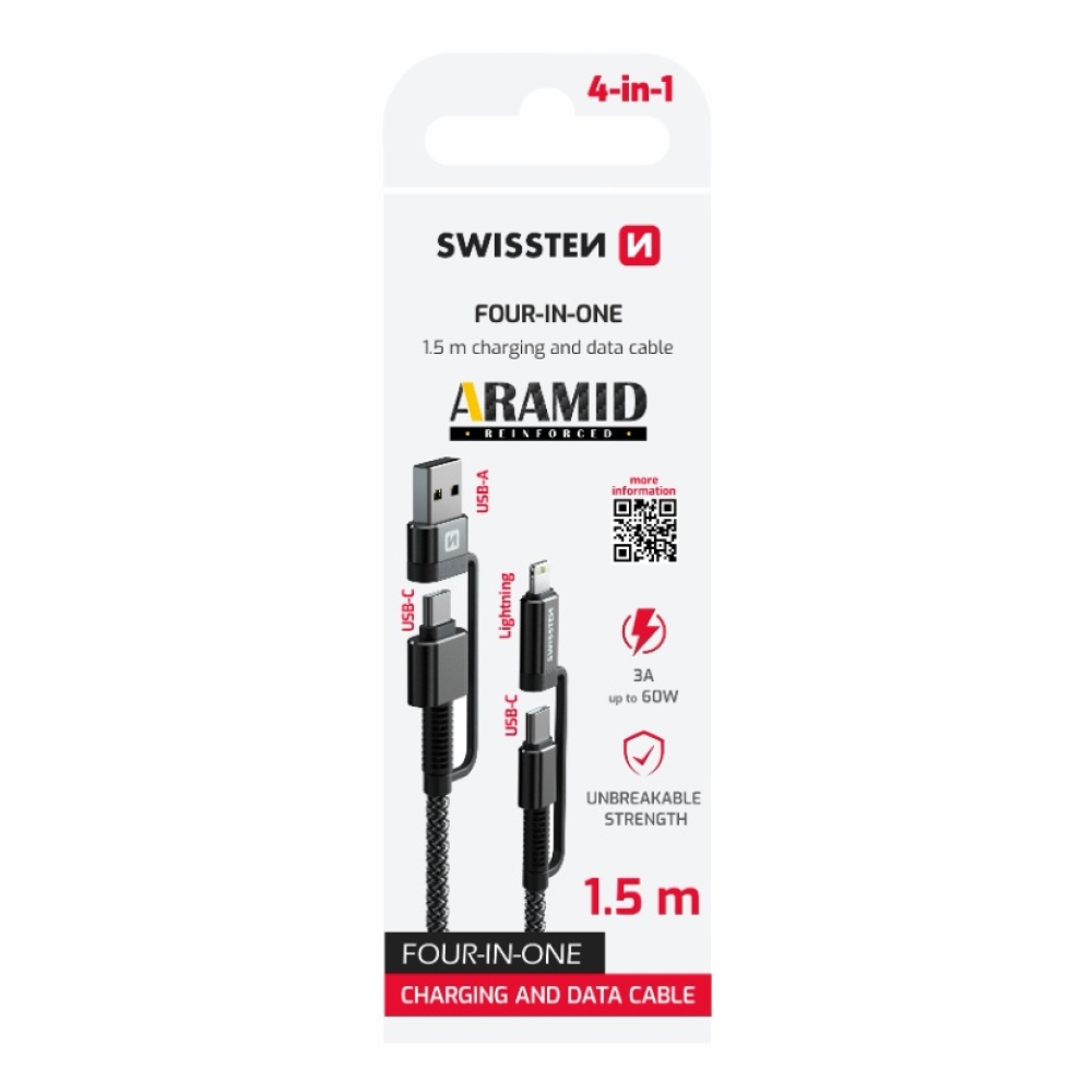Swissten dátový kábel Aramid Reinforced 4v1 3A 1,5m - antracitový