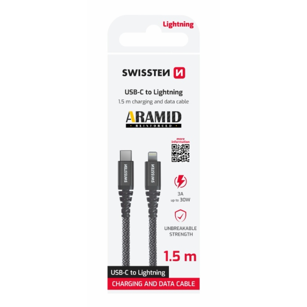 Swissten dátový kábel Aramid Reinforced USB-C/Lightning 1,5m - antracitový