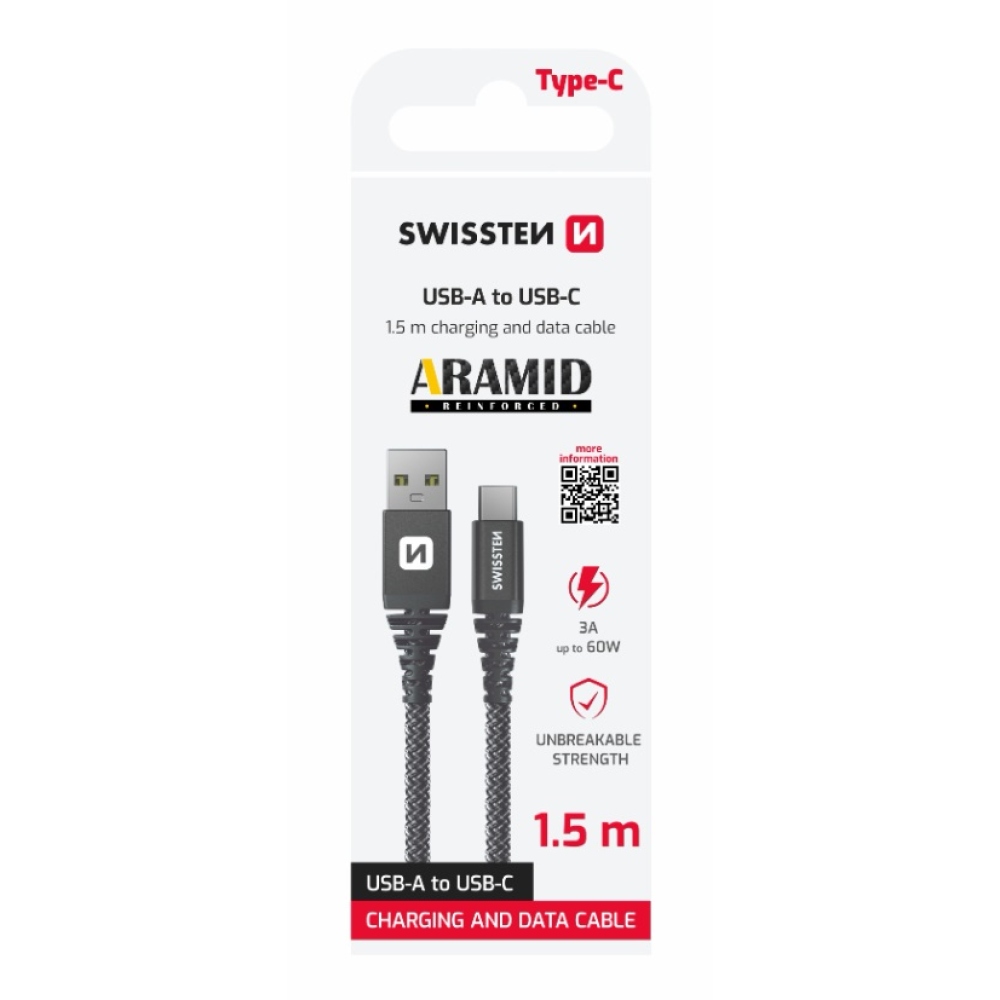 Swissten dátový kábel Aramid Reinforced USB/USB-C 1,5m - antracitový