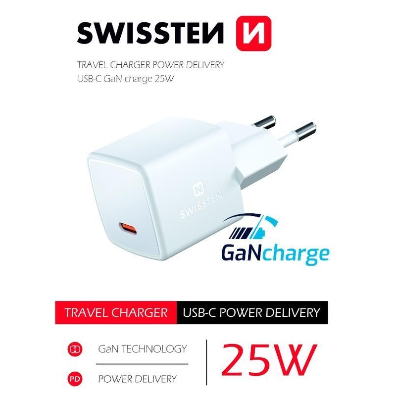 Swissten mini sieťový adaptér GaN USB-C 25W - biely