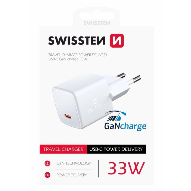 Swissten mini sieťový adaptér GaN USB-C 33W - biely