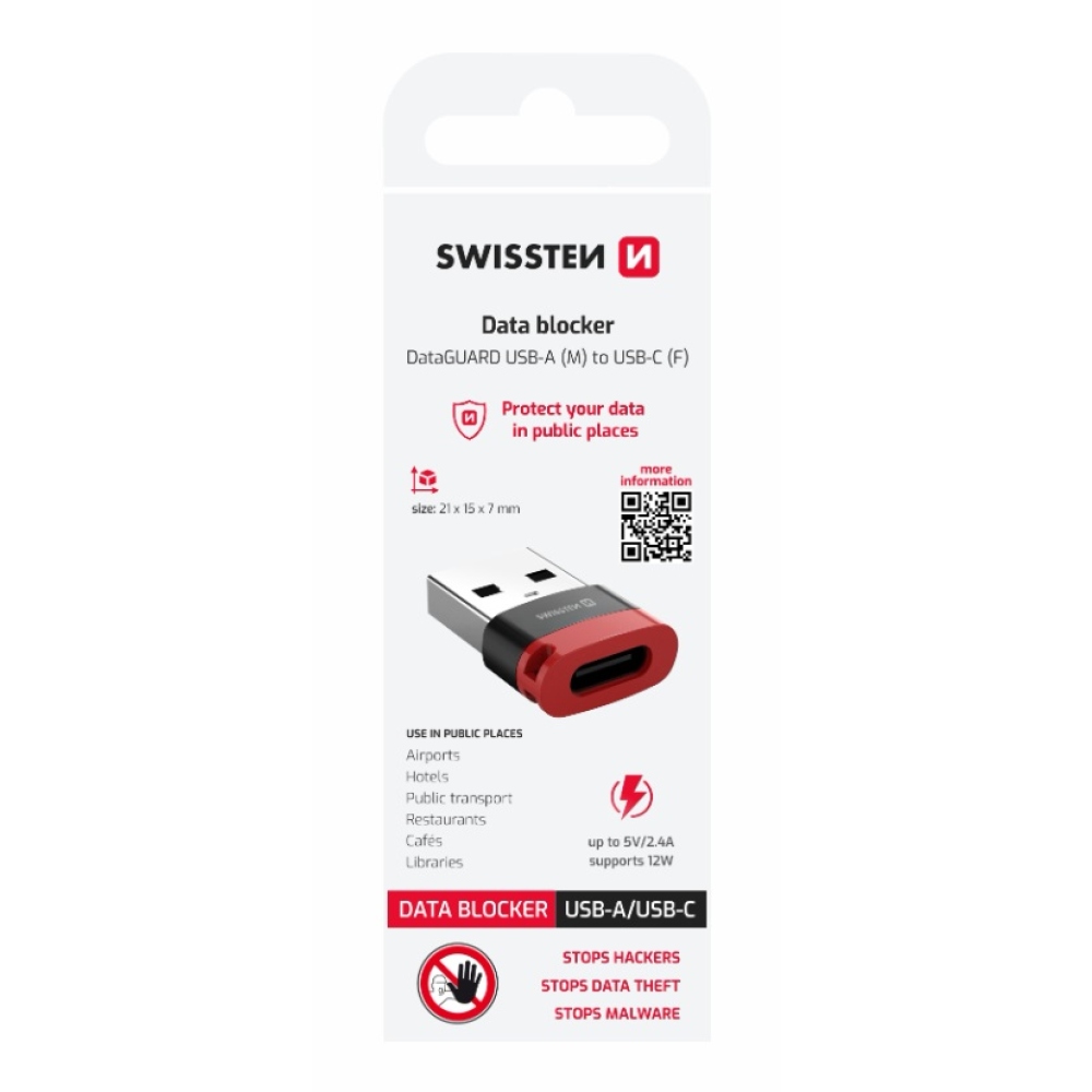 SWISSTEN nabíjací adaptér s blokovaním dát DataGUARD USB-A (samec)/USB-C (samice) - čierny