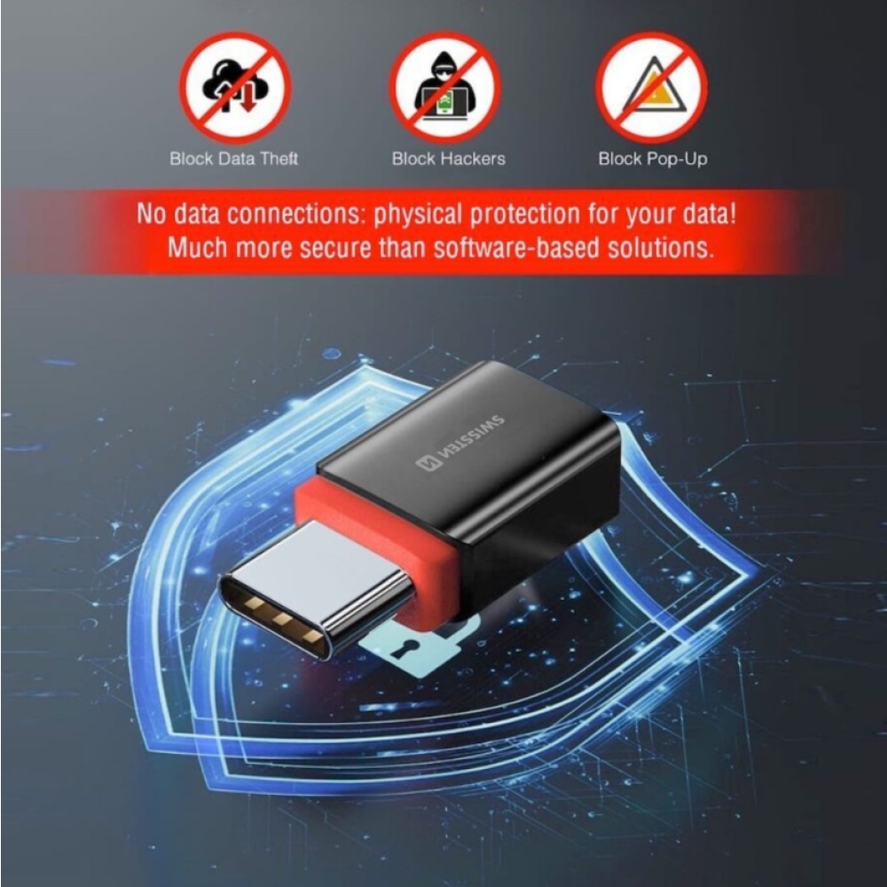 SWISSTEN nabíjací adaptér s blokovaním dát DataGUARD USB-C (samec)/USB-C (samice) - čierny