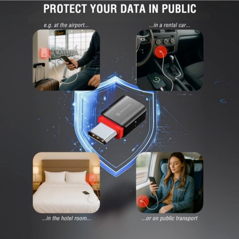 SWISSTEN nabíjací adaptér s blokovaním dát DataGUARD USB-C (samec)/USB-C (samice) - čierny