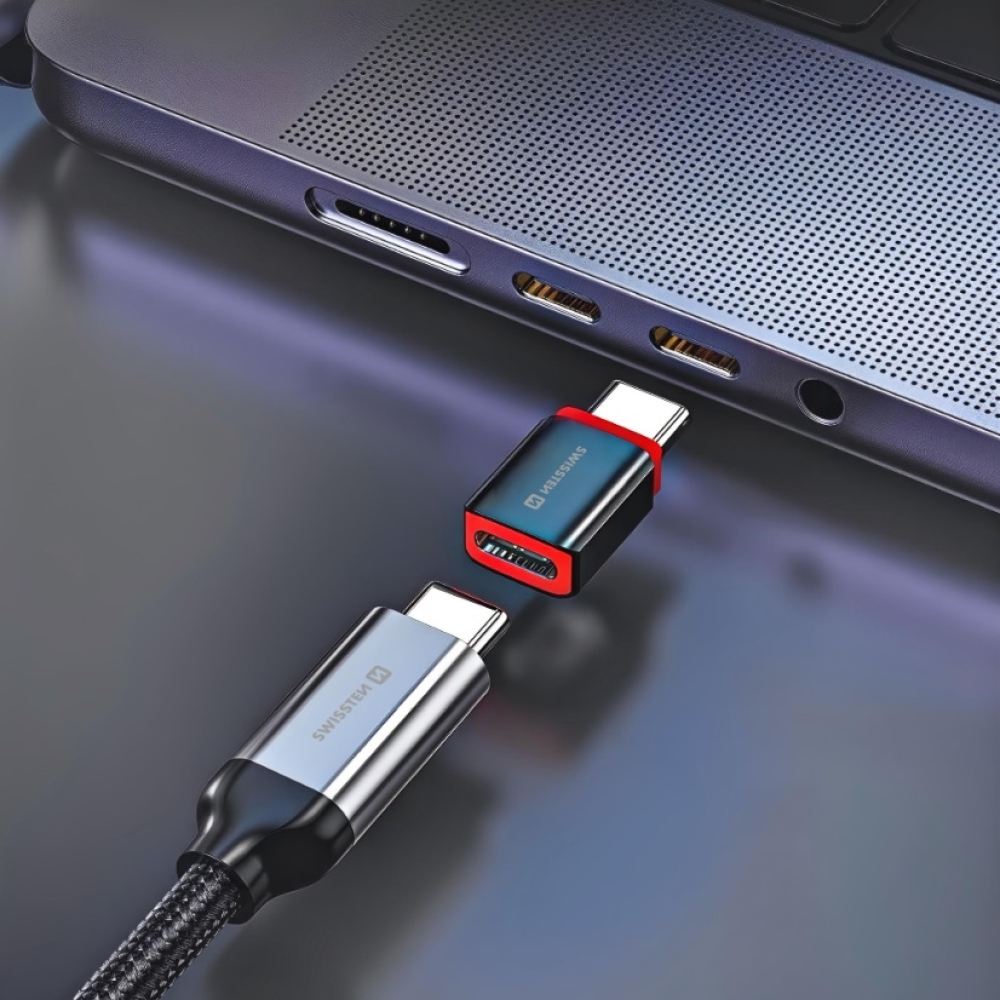 SWISSTEN nabíjací adaptér s blokovaním dát DataGUARD USB-C (samec)/USB-C (samice) - čierny