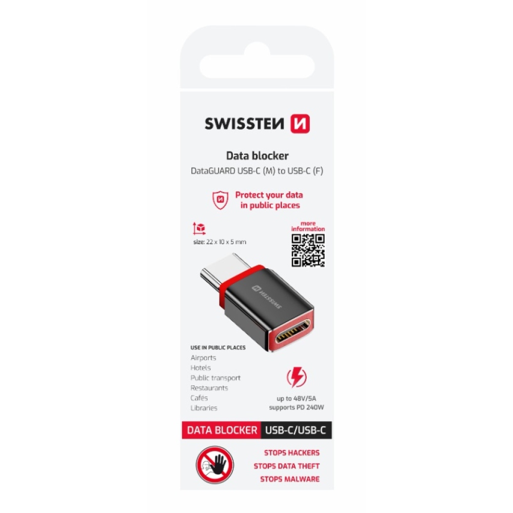SWISSTEN nabíjací adaptér s blokovaním dát DataGUARD USB-C (samec)/USB-C (samice) - čierny