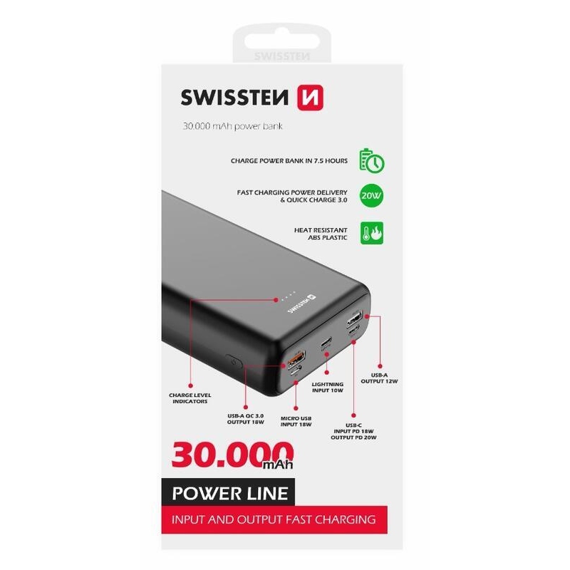 Swissten Power Line Powerbank 30000 mAh 20W - čierna