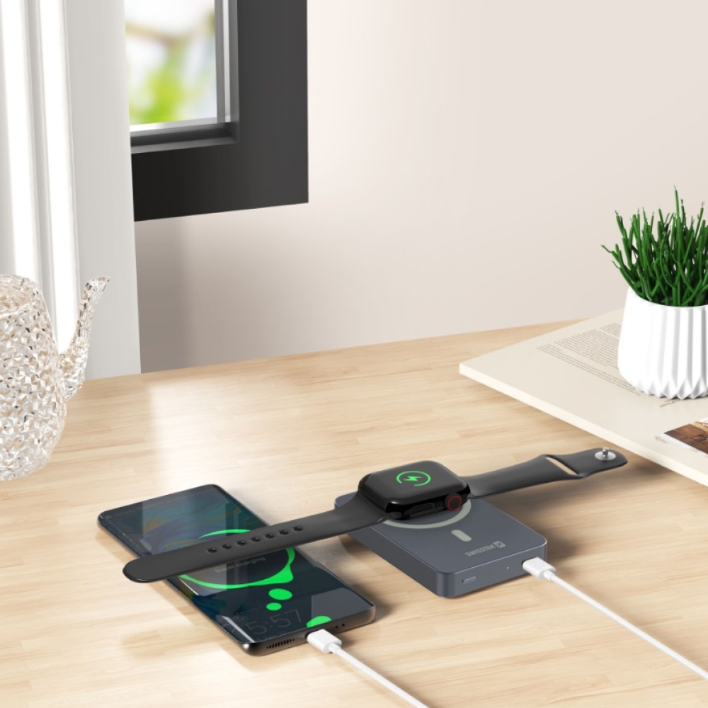 Swissten PowerBank Fusion 10000 mAh s nabíjaním Apple Watch (kompatibilný s MagSafe) - strieborná
