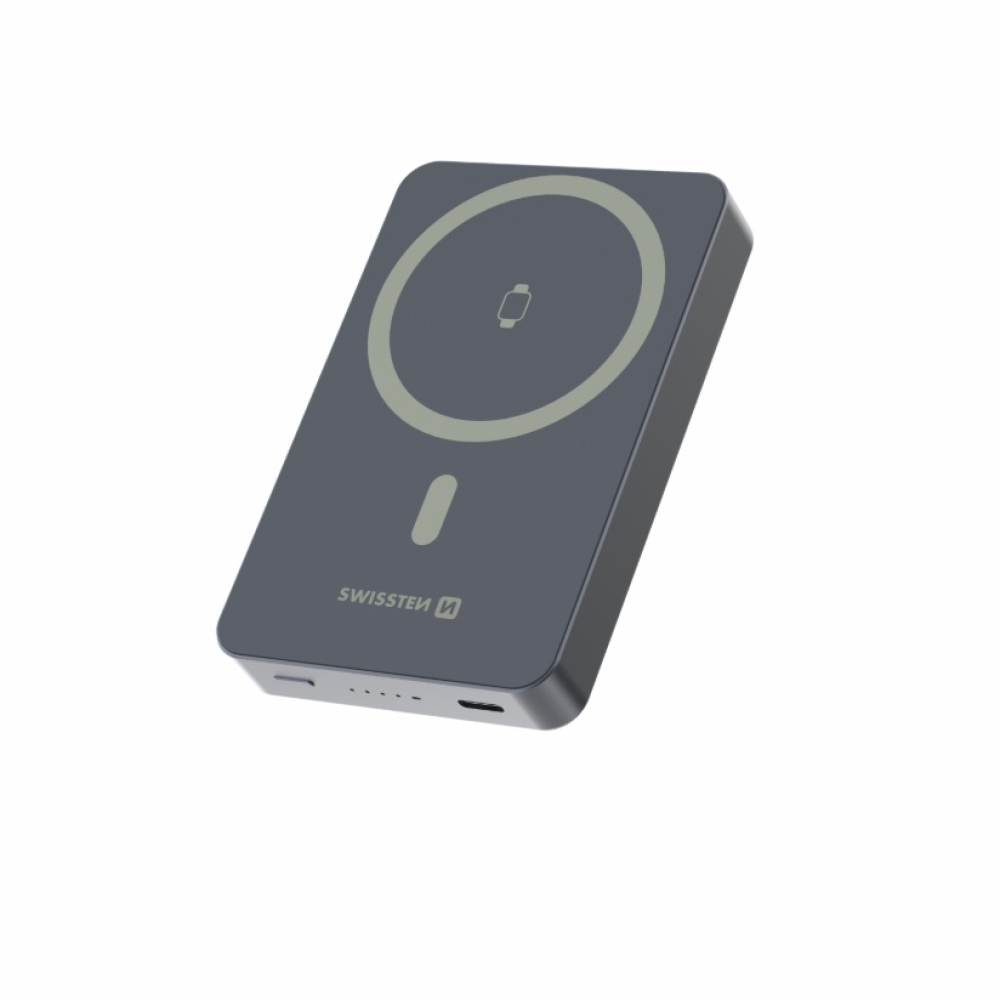 Swissten PowerBank Fusion 10000 mAh s nabíjaním Apple Watch (kompatibilný s MagSafe) - strieborná