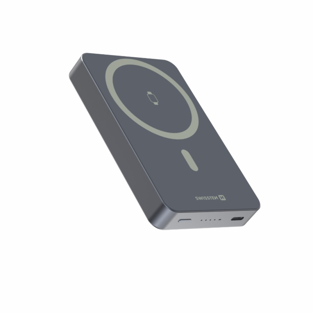 Swissten PowerBank Fusion 10000 mAh s nabíjaním Apple Watch (kompatibilný s MagSafe) - strieborná