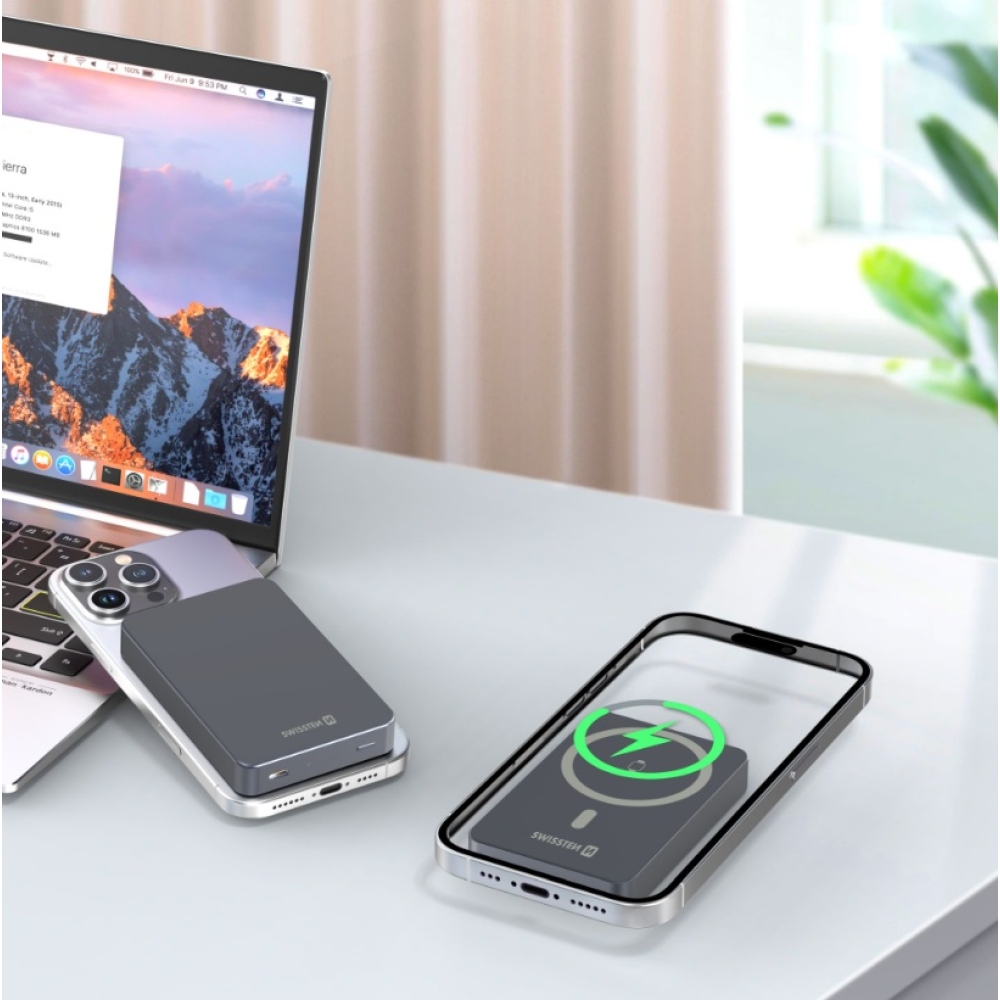 Swissten PowerBank Fusion 10000 mAh s nabíjaním Apple Watch (kompatibilný s MagSafe) - strieborná